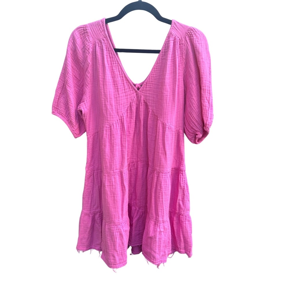Aerie Pink Gauze Tiered Mini Dress V-Neck Puff Sleeve Boho Tassel Back Large
